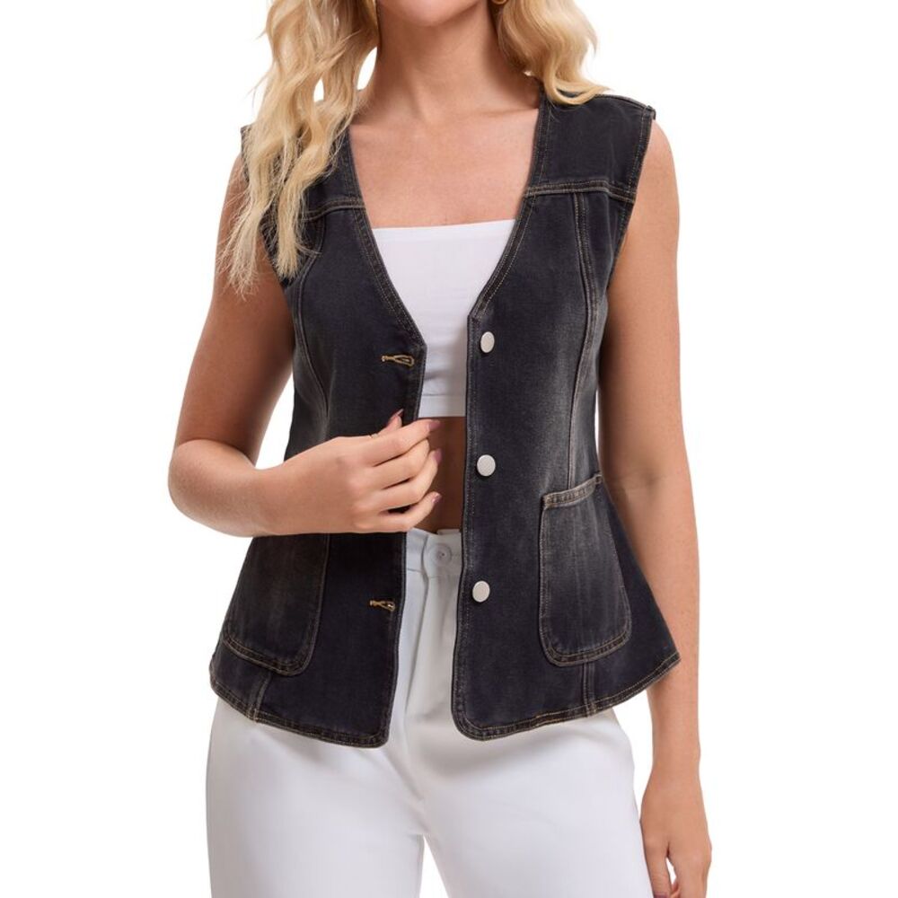 Women Denim Vest V Neck Wash Sleeveless with Patch Pocket Jean Jacket Black
